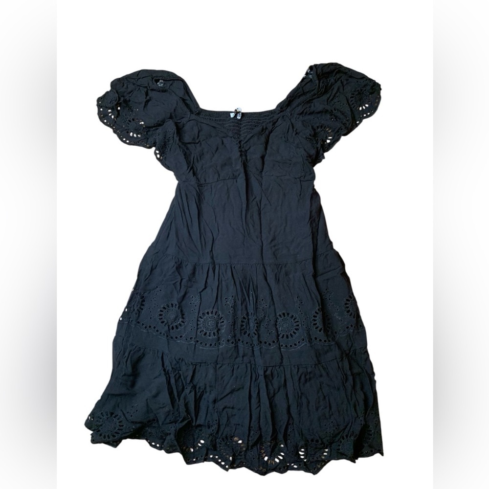 Devoted Black Eyelet Tiered Mini Dress - Size S - Boho Cottagecore